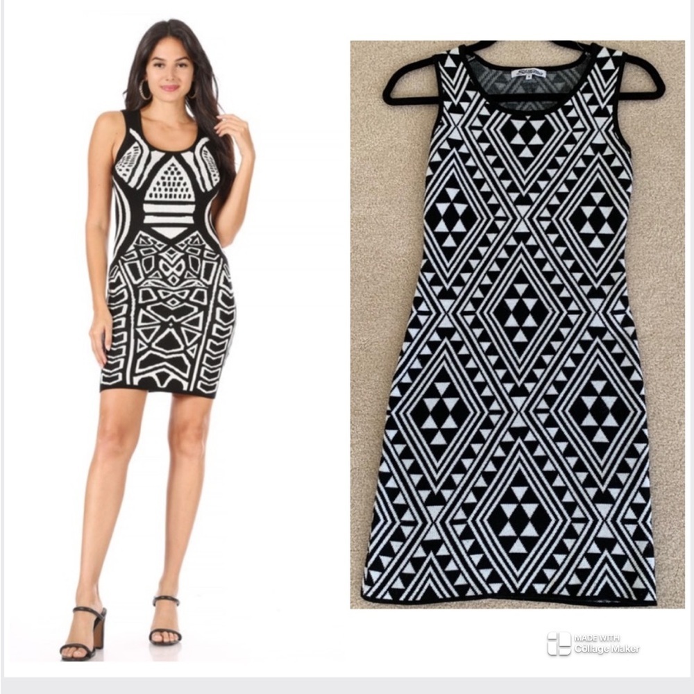 Stillettos Geometric Black and White Wool Like Sweater Sleeveless Dress Large